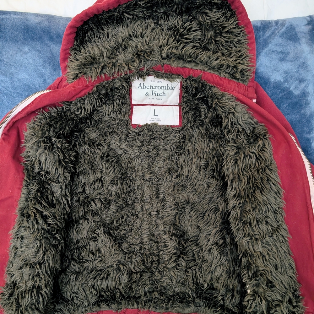 Vintage Abercrombie & Fitch Burgundy Hooded Sweatshirt Faux Fur Lining Rare. - Picture 9 of 9